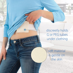 NelMed G-Tube Holder with grip tab demonstrates easy access during feeding.