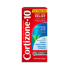 Cortizone-10 maximum-strength soothing aloe cream tube for fast itch relief on minor irritations.