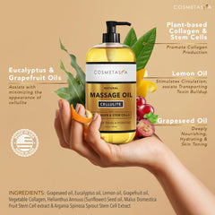 Cosmetasa anti cellulite oil label closeup highlights natural ingredients and collagen benefits
