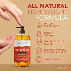 Cosmetasa massage oil absorbed quickly, leaving soft, non-oily skin.