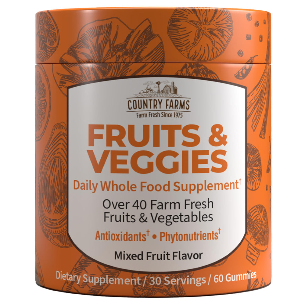 Country Farms Fruits and Veggies Gummies bottle on shelf supporting daily antioxidant intake.