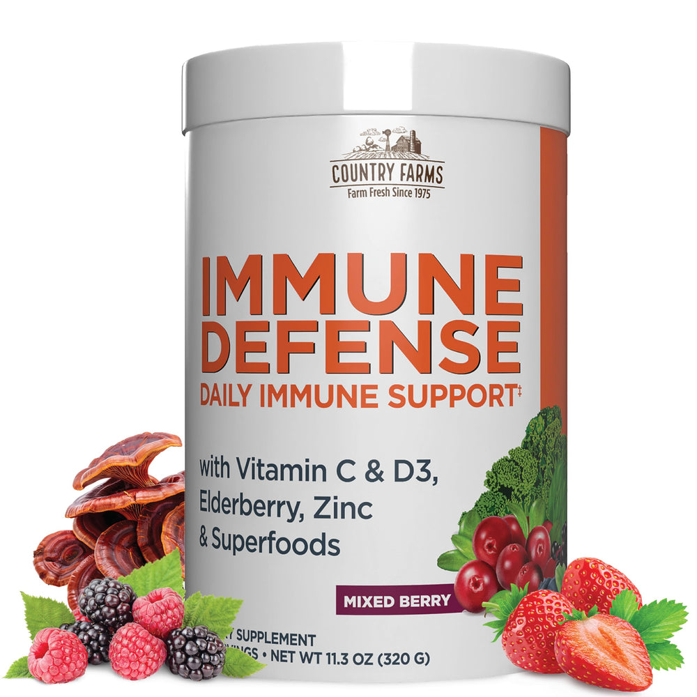 Country Farms Immune Defense powder tub for daily berry routine