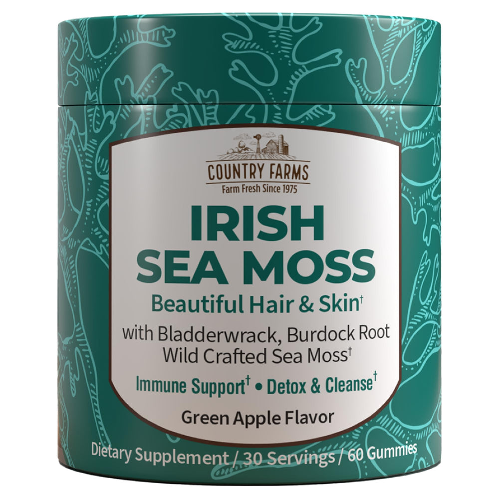 Country Farms Irish Sea Moss Gummies bottle highlighting daily immune support and vitality