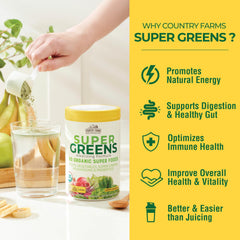 Country Farms mushroom-berry-grass greens blend highlights a 50-ingredient mix