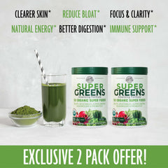 Country Farms Super Greens ingredients panel highlights 50 USDA Organic superfoods for balanced meals.