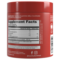 Country Farms Tart Cherry Gummies closeup highlights chewy texture and vibrant cherry flavor.