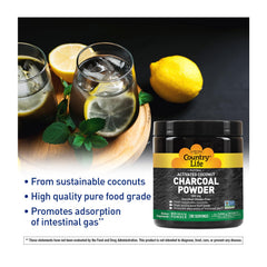 Country Life Activated Coconut Charcoal Powder dispensing scene emphasizes purity and versatile digestive relief.