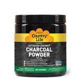 Country Life Activated Coconut Charcoal Powder packaging showcases vegan, non-GMO formula for gentle detox.