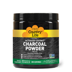 Country Life Activated Coconut Charcoal Powder packaging showcases vegan, non-GMO formula for gentle detox.