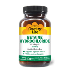 Country Life Betaine Hydrochloride bottle for digestive support.