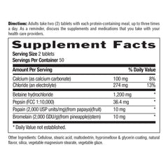 Country Life Betaine Hydrochloride label showing enzymes Pepsin, Papain, Bromelain.