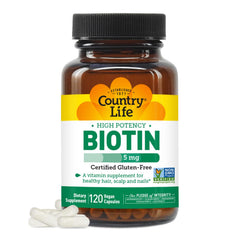 Country Life Biotin High Potency bottle for hair, skin, and nails health.