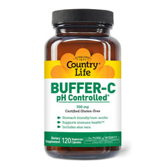 Country Life Buffer-C bottle front, non-acidic vitamin C for a gentle routine.