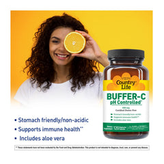 Country Life Buffer-C capsules closeup, vegan capsules delivering buffered vitamin C.