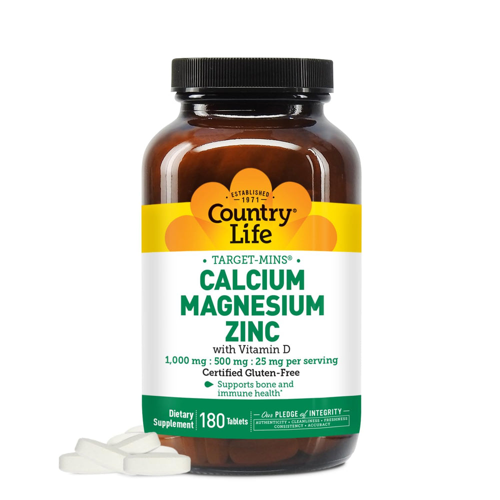 Country Life calcium magnesium zinc bottle front with Vitamin D3 and L-Glutamic Acid supports bone health
