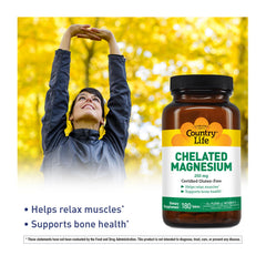 Country Life Chelated Magnesium 250mg bottle back label shows gluten-free certification.