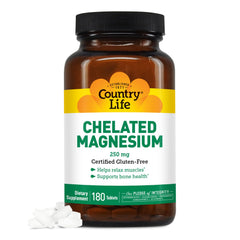 Country Life Chelated Magnesium 250mg bottle front view, vegan-friendly formula.