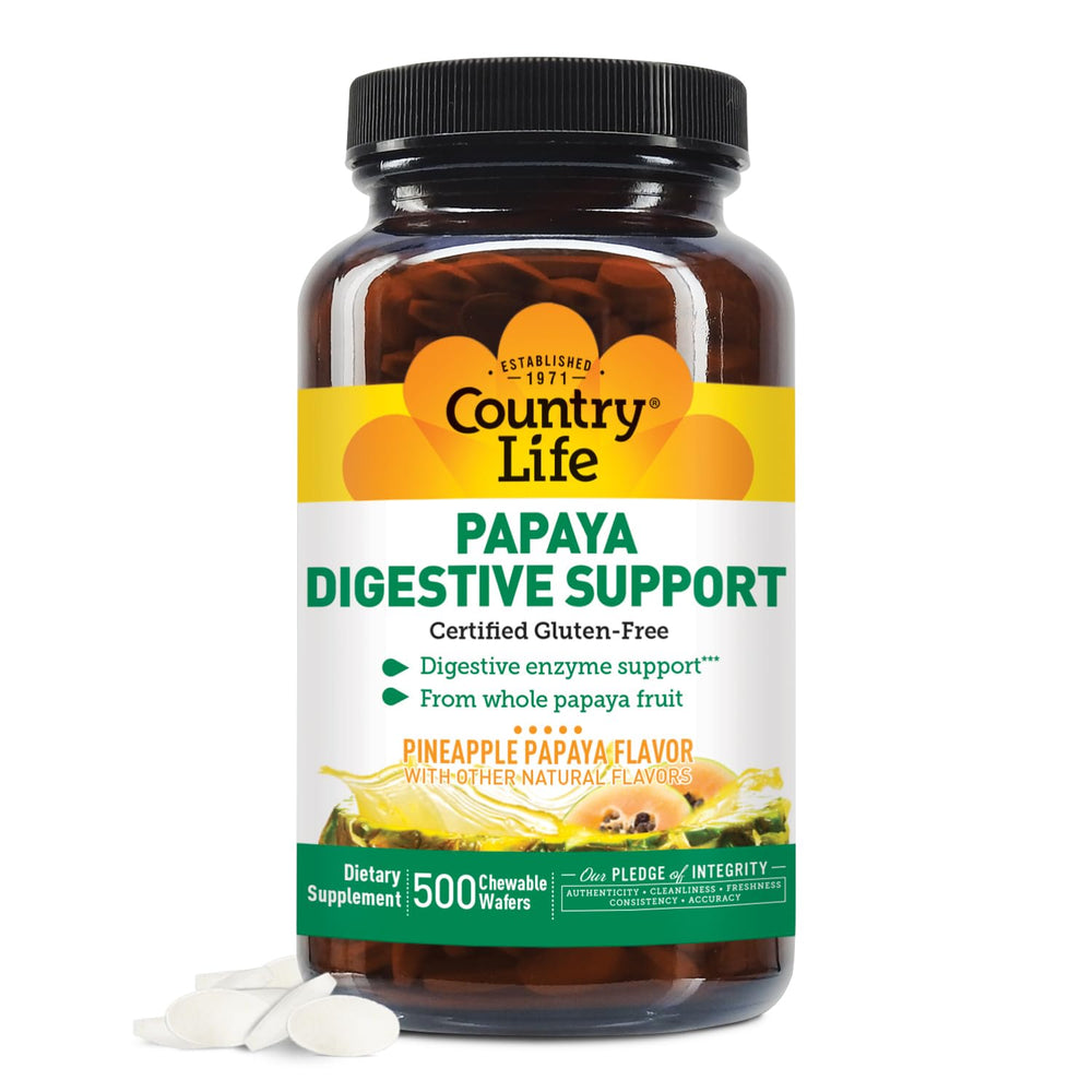 Country Life Papaya Enzymes bottle on counter supports after-meal routine