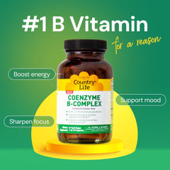 Country Life Coenzyme B-Complex capsules close-up showing tasteless, easy to swallow form.