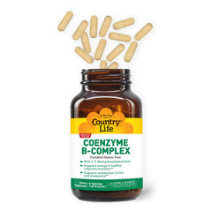 Country Life Coenzyme B-Complex label detail highlighting vegan and gluten-free benefits.