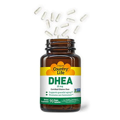 Country Life DHEA 25mg capsules close-up showing vegan, gluten-free formula