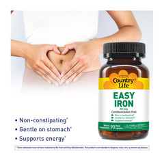 Closeup of Country Life Easy Iron capsules highlights Ferrochel bisglycinate formula.