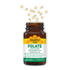 Country Life Folate 800 mcg bottle pour for easy daily supplementation