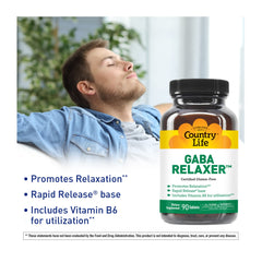 Country Life GABA Relaxer bottle side-view featuring vegan, gluten-free certification and clean ingredients.