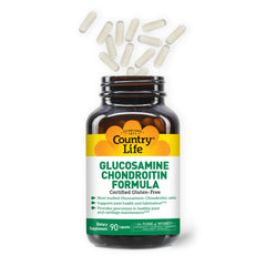 Country Life Glucosamine Chondroitin bottle packshot shows gluten-free, Non-GMO formulation.