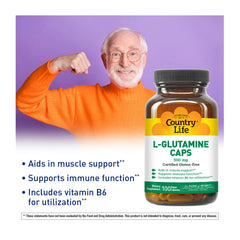 Country Life L-Glutamine label close-up highlights vegan gluten-free and B6 enhancement.