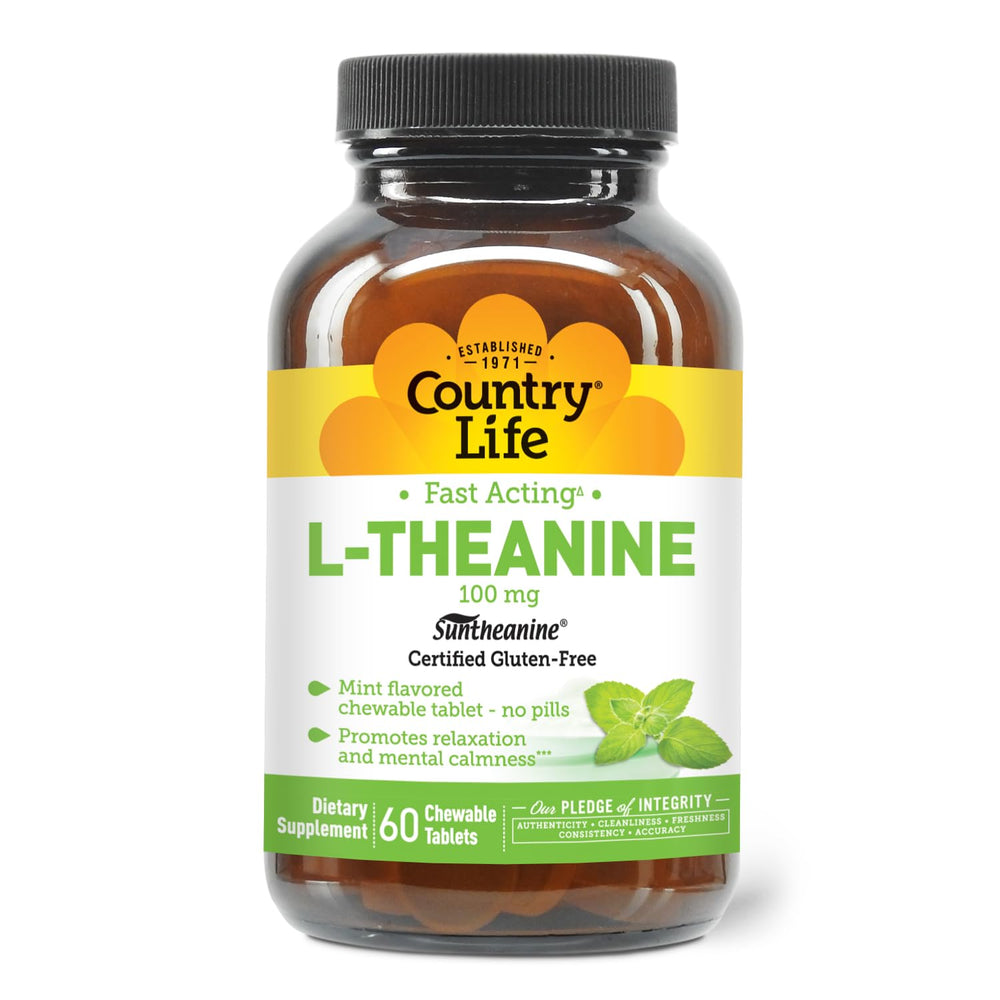 Country Life L-Theanine fast-acting bottle closeup for calm support.