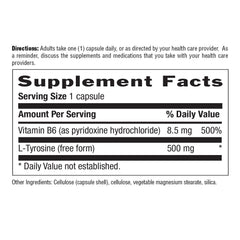 Country Life L-Tyrosine 500mg packaging box highlighting quality ingredients.