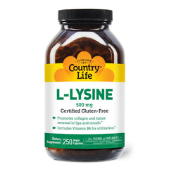 Country Life L-Lysine 500mg with B-6 bottle showing capsules for immune support