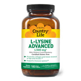 Country Life L-Lysine 1500mg capsules bottle close-up for collagen support.