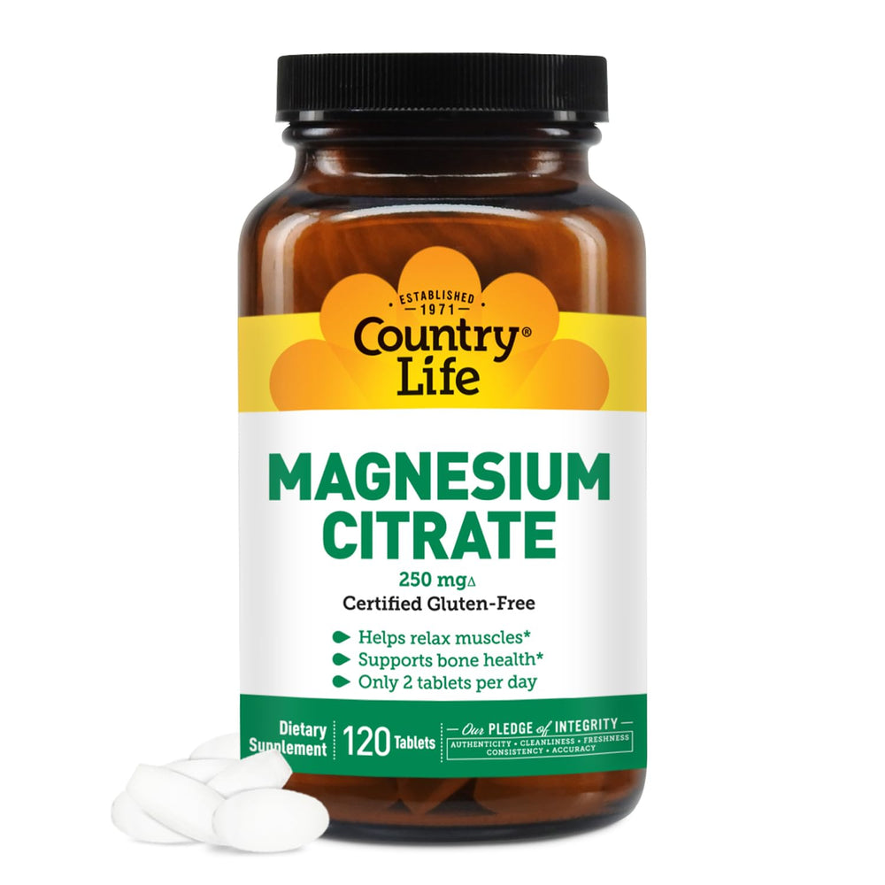 Country Life Magnesium Citrate bottle with 120 tablets for daily energy support.