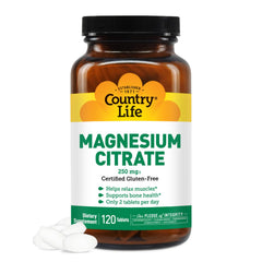 Country Life Magnesium Citrate bottle with 120 tablets for daily energy support.