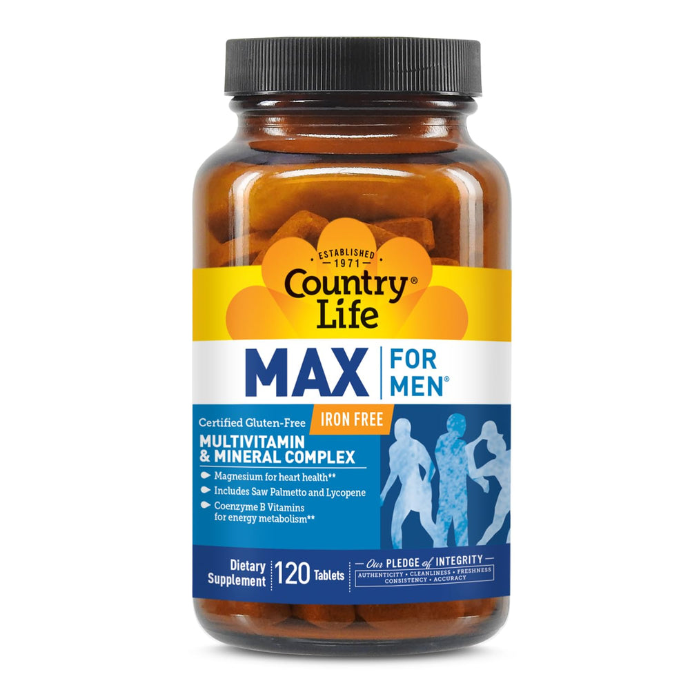 Country Life Max for Men bottle front with iron-free multivitamin for daily energy