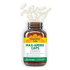 Country Life Maxi-Amino 16 capsules close-up shows gluten-free capsule format