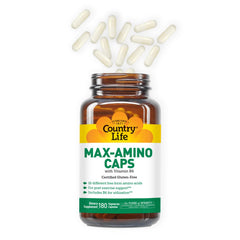 Country Life Maxi-Amino 90 capsules label showcases gluten-free, non-GMO nutrition