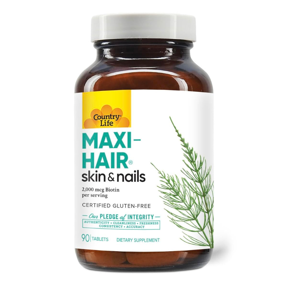 Country Life Maxi-Hair bottle front view with gluten-free labeling and 90 tablets.