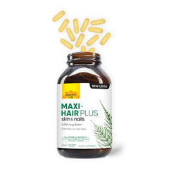 Country Life Maxi-Hair Plus Biotin bottle label highlights biotin for keratin support.