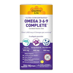 Close-up of Country Life Omega 3-6-9 softgels showing smooth, easy-to-swallow texture