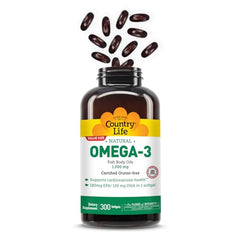 Country Life Omega-3 bottle label showing GFCO gluten-free certification.