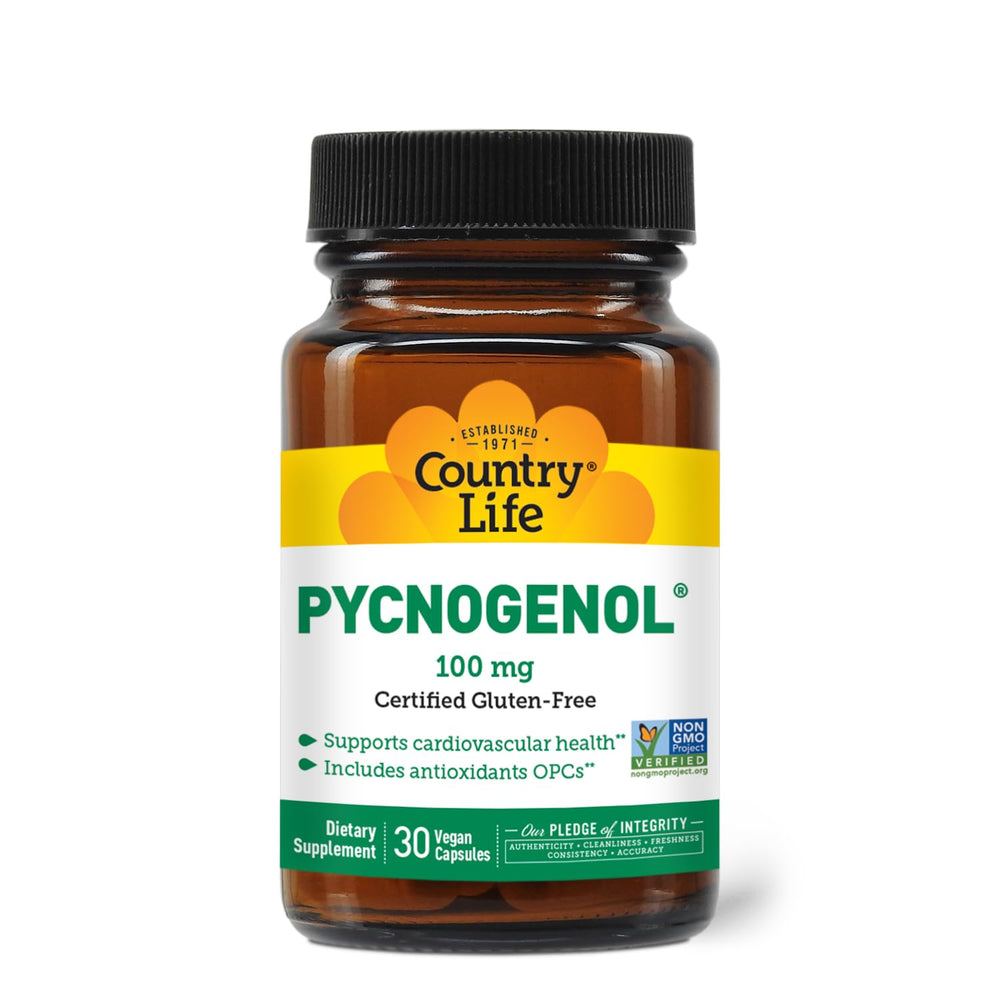 Country Life Pycnogenol 100mg bottle with capsules for daily antioxidant support.