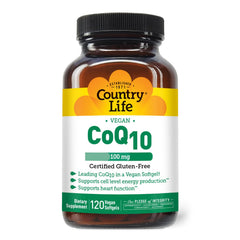 Country Life Simply CoQ10 bottle label shows pure CoQ10 for potential heart support.