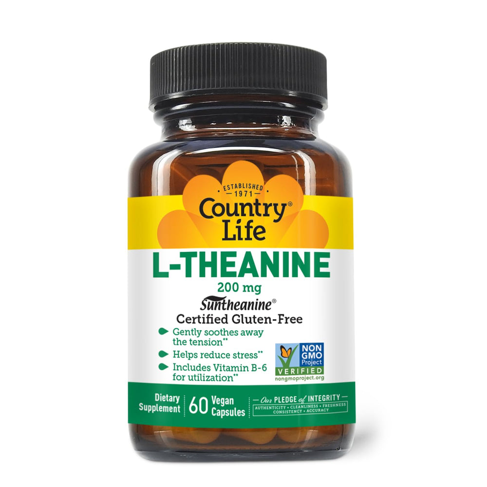 Country Life Suntheanine bottle showing the vegan, gluten-free formula for daily calm.