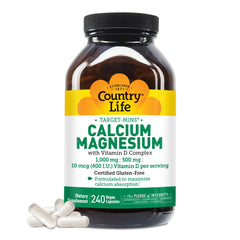 Country Life Target-Min calcium magnesium vitamin D bottle shows balanced minerals for daily bone support