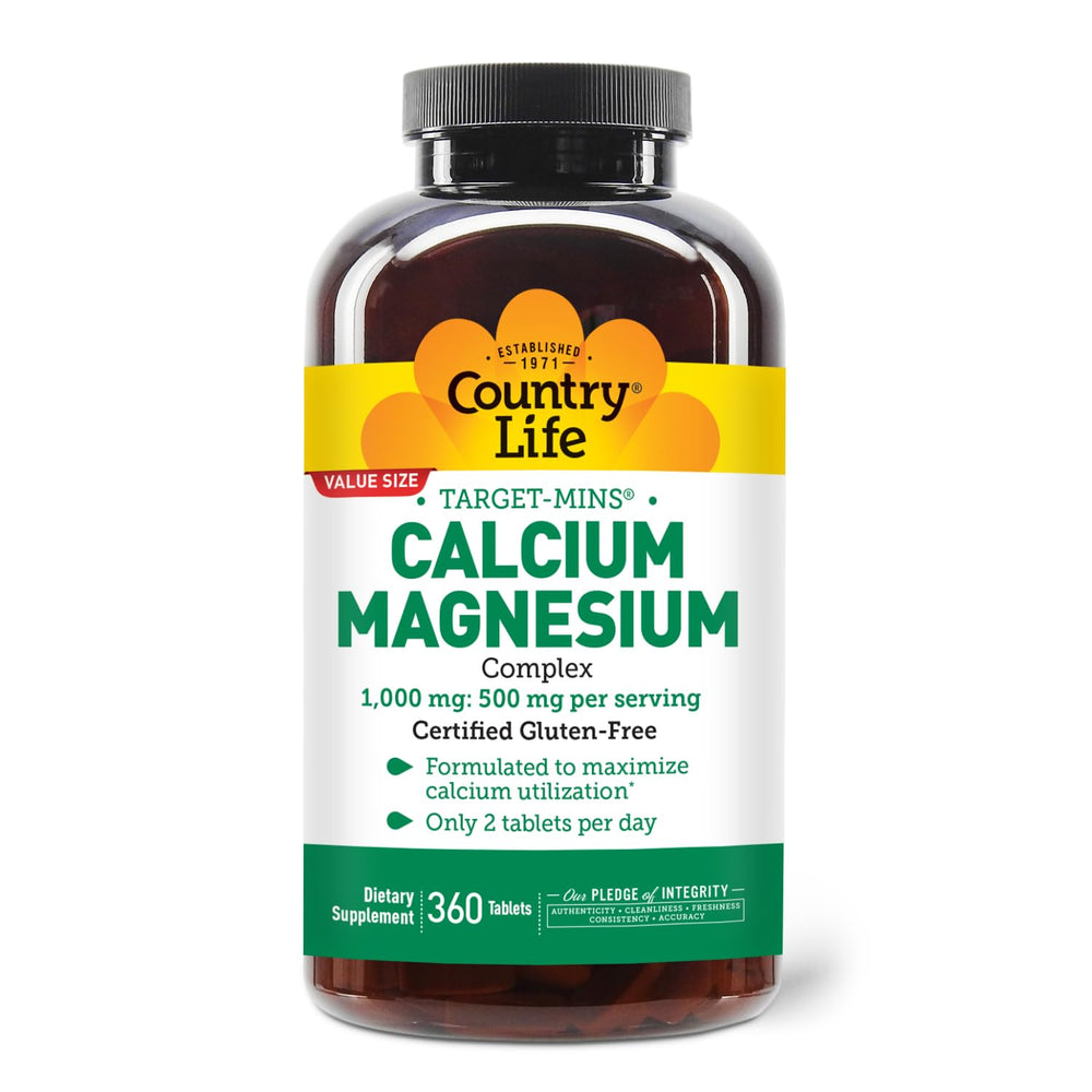 Country Life Target-Mins bottle label shows gluten-free, 2:1 mineral balance for bone support.