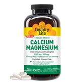 Country Life Target-Mins calcium-magnesium bottle closeup, vegan and gluten-free daily supplement.