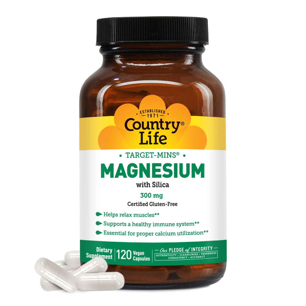 Country Life Target-Mins Magnesium bottle with capsules for daily muscle relaxation.